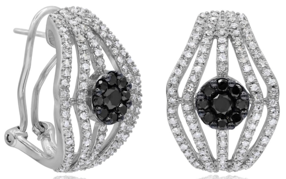 WIDE 1.52CT WHITE & BLACK DIAMOND 14K WHITE GOLD FLOWER CLIP ON HANGING EARRINGS