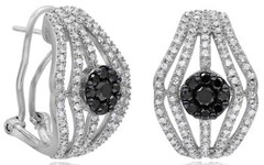 WIDE 1.52CT WHITE & BLACK DIAMOND 14K WHITE GOLD FLOWER CLIP ON HANGING EARRINGS
