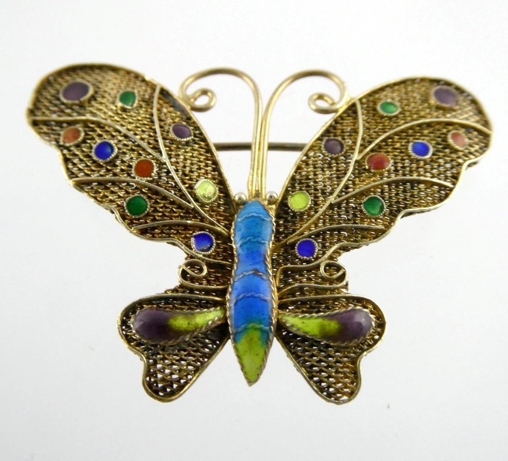 Vintage Gilded Sterling Silver Enameled Butterfly Pin or Brooch 3.8g 1.25 Inches