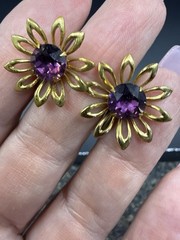 Vintage Rhinestone Screw Back Earrings Gold Tone Purple Stones