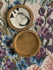 Antique Gold Tone Round Locket with Enrgraved Initial and Portrait of a Man