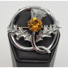 Scottish Thistle Brooch Kilt Shawl Pin Silvertone Orange Rhinestone Vintage
