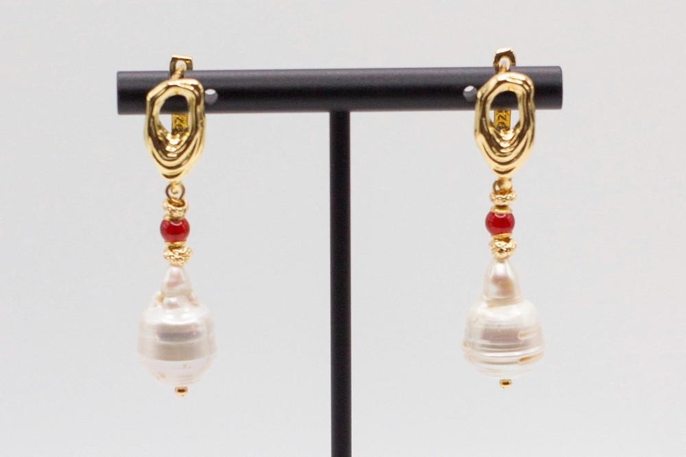 White Baroque Pearl Earrings With Carnelian Accent, Melting Lever back
