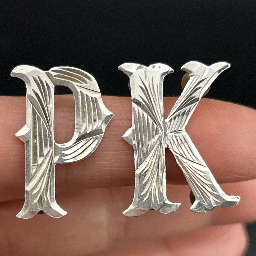 Vintage Rare Sterling 925 Mexican Monogram P K Screw Back Brooch Set 4029