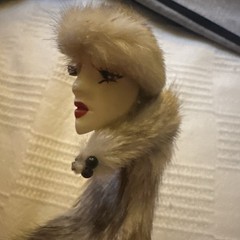 Vintage ‘Porcelain’ Lady’s Face Brooch, 5” Real Rabbit Fur Hat Profile Doll Pin