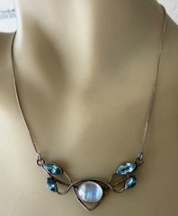 VINTAGE ESTATE STERLING SILVER MOONSTONE CABOCHON BLUE TOPAZ CHAIN NECKLACE 18″