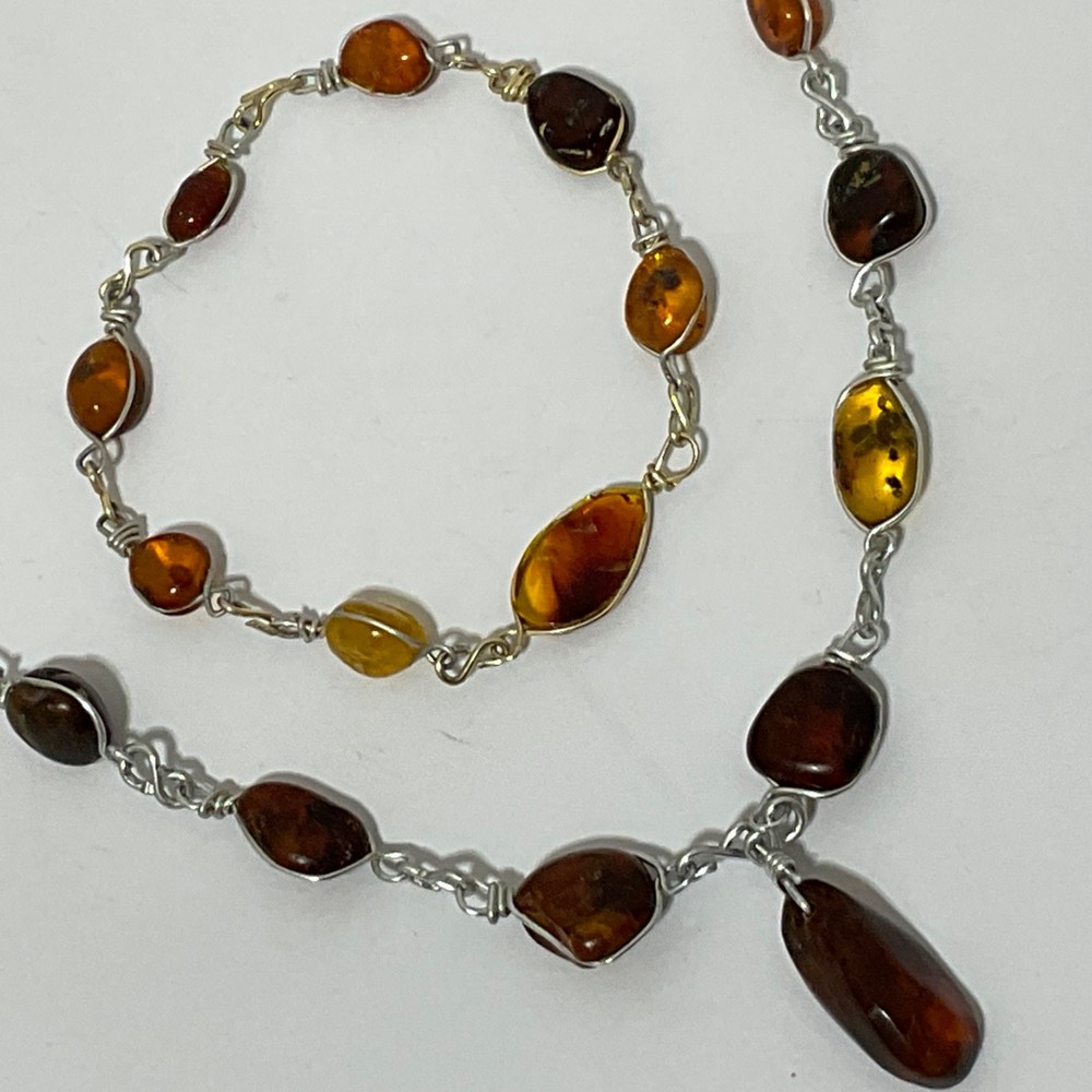VtgGenuine Honey Cognac Amber Nugget Wire Wrapped Pendant Necklace Bracelet Set