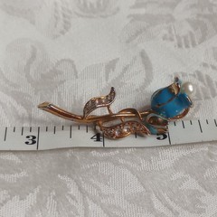 Enameled Teal Vintage Tulip Flower Brooch, Rhinestones faux pearl pot metal 2.5″