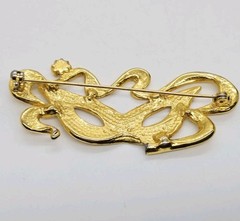 Masquerade Theater Mask Brooch Mardi Gras Pin Gold tone Crystal Accent Vintage