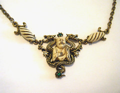 Vintage 50s Selro Selini Buddha Dragon Necklace Gold Tone Rhinestones Resin