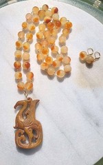 VINTAGE CARVED JADE PHOENIX DRAGON PENDANT JADE GEM BEAD WIRE NECKLACE SET OOAK