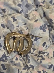 Vintage MCM Silver Tone Double Horseshoe Brooch Faux Pearl Rhinestone Lucky Pin