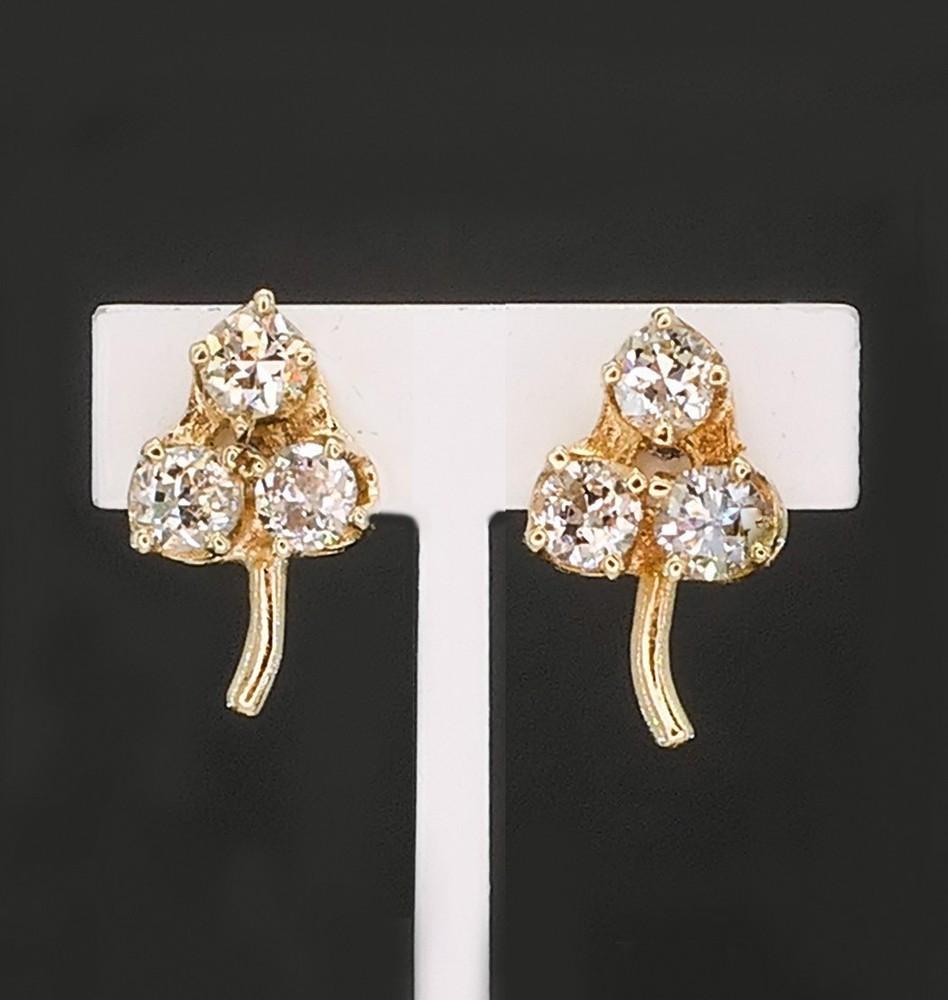 Antique Old European Diamond 3-Leaf Clover Stud Earrings 14K Gold Petite