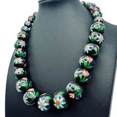 Vintage Chunky Hand Painted Wood Bead Necklace Black Multi-Color Floral BOHO