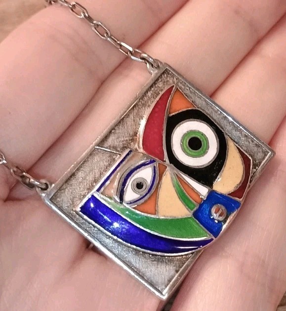 Artist Signed Anthony Quinn Modernist “Child” Enamel Sterling Silver Necklace