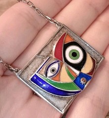 Artist Signed Anthony Quinn Modernist “Child” Enamel Sterling Silver Necklace