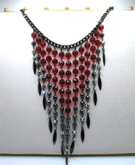 Vintage RJ Graziano red bead and gunmetal statement runway fringe necklace