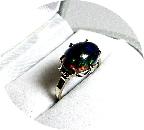 FINEST – Solid Black OPAL Ring – Vintage, 14k Yellow Gold Prong Setting – Mtg…