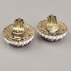 Vintage Sugared Flowers Clip On Earrings West Germany Round Faux Pearls 7/8″