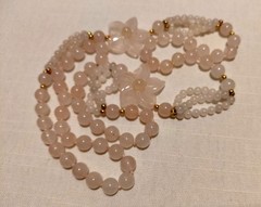 Vintage Pink Rose Quartz Hand Knotted Beaded Necklace With 2 Carved Pink Quartz