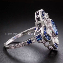 Vintage Art Deco Sapphire Lab-Created Diamond Wedding 14k White Gold Filled Ring