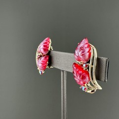 Vintage Rhinestone Flower Earrings Magenta Pink AB Crystal Leaf Climber Signed