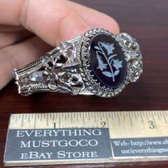Whiting & Davis Intaglio Lily Flower Cameo Silvertone Hinged Bracelet Mesh Bags