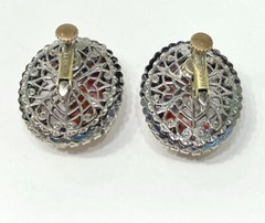 Vintge Signed Haskell Lg Oval Faux Coral Cab w/Rhinestone Border Clip Earrings