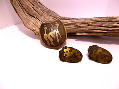 African Art Stud Earrings / Brooch Set Black Shiny Brushed Bronze Metal & Black