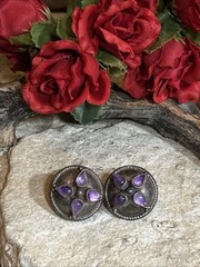 36. Vintage Tribal 925 Sterling Amethyst Stone Button Stud Earrings 21mm, 10.4g