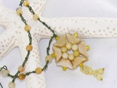 Vintage Yellow Jade Beaded Flower Pendant Necklace Tassel Green Silk Rope Pretty