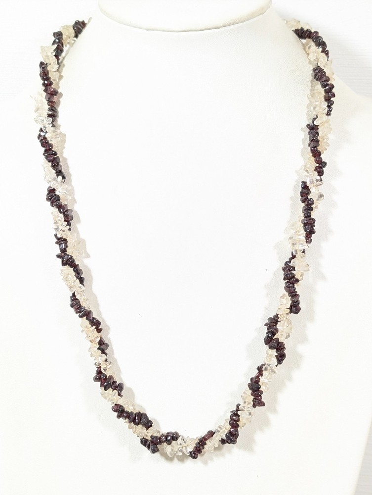 Vintage Red Garnet Clear Rock Crystal Quartz Twist Necklace 26 in