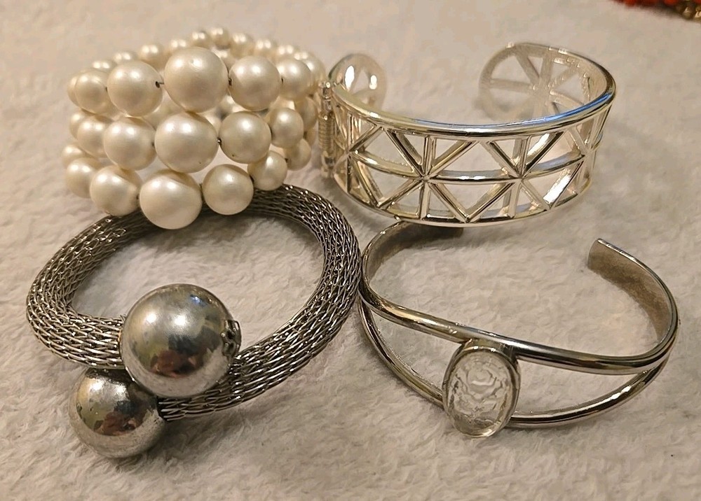 Lot Of 4 Vintage Cuff Bracelets Silver Tone & Faux Pearl