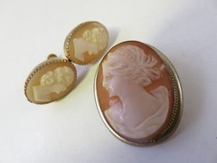 Vintage Shell Cameo Set Pin & Earrings Married Signed Coro