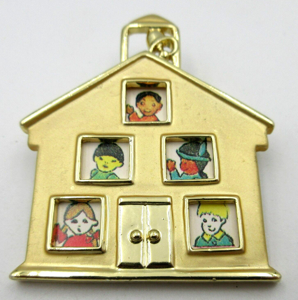 VTG SIGNED L RAZZA SCHOOL HOUSE BELL CHILDREN IN WINDOW Brooch Pin Gold tone mtl