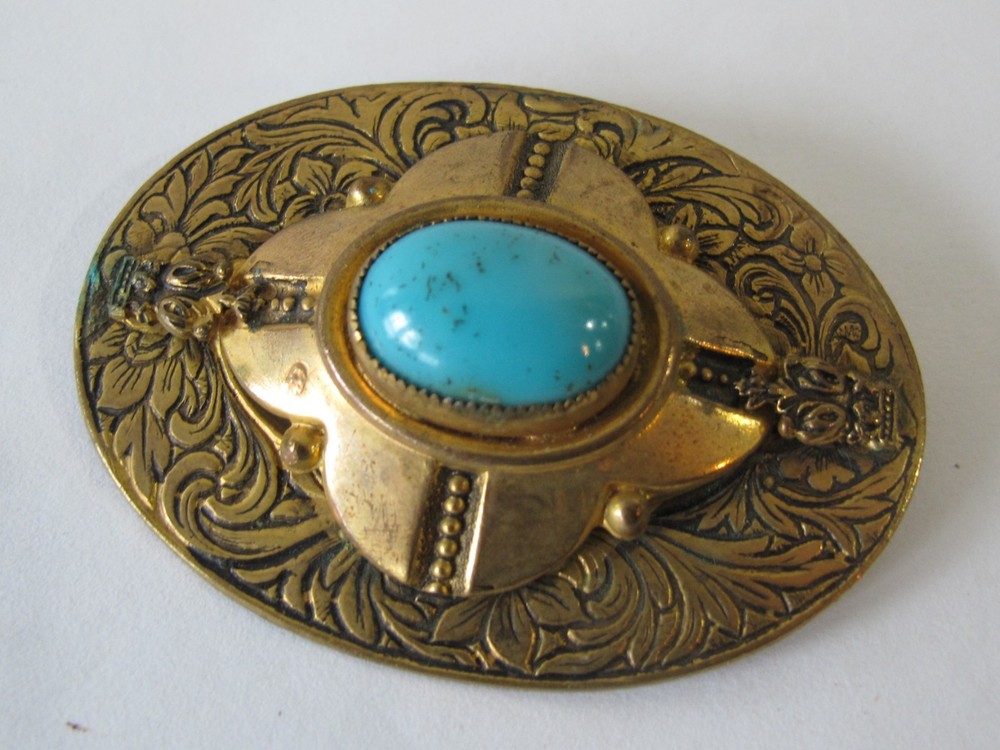 Vintage Victorian Faux Blue Turquoise Glass Cabochon Brass Filigree Pin Brooch