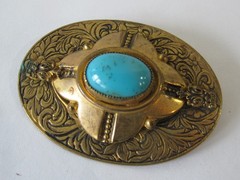 Vintage Victorian Faux Blue Turquoise Glass Cabochon Brass Filigree Pin Brooch
