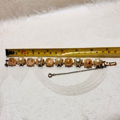 CORO pink confetti Lucite cabochon faux pearl bracelet fold over clasp vintage