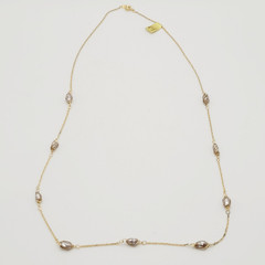 Barrel Pearl Neutral Tone Gold Plated Station Necklace Vtg Korea 24 Inch w Tag