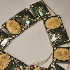 Vintage 1930s Guilloché Enamel Celluloid Cameo Panel Bracelet Art Deco Green