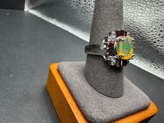 J&T Thai 925 Sterling Silver Fire Opal Ring Garnet CZ Halo Cluster Ring Sz 9.75