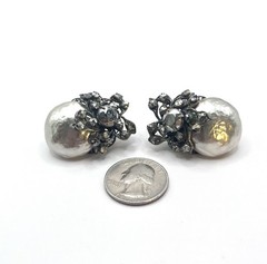 Miriam Haskell Large Signed Baroque Pearl Rhinestone Clip Earrings Vintage