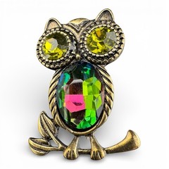 Vintage Gold Tone And Rainbow Colored Faceted Rhinestone Owl On Branch Brooch