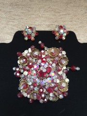 Vintage J Carl NY Original Brooch Hand Wired Red Aurora Borealis Clip Earrings