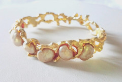Vintage LES BERNARD INC Rare Clamper Bracelet Faux Baroque Pearl Gold Tone