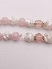 Mid Century Pink White Molded Flower Bead Garden Party Necklace Long Strand