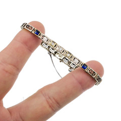 DECO Vintage 14k Solid White Gold Diamond Blue Sapphire Filigree Bracelet 7.25 “