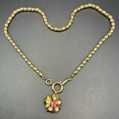 Vintage 12k Gold Filled Pocket Watch Sugar-Puff Link Chain FOB Dog Clip,Pink Gem