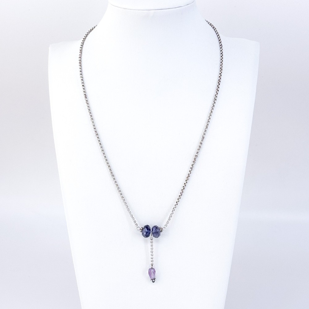 Vintage Sterling Silver 925 Amethyst Drop Rolo Chain Necklace 18.5″