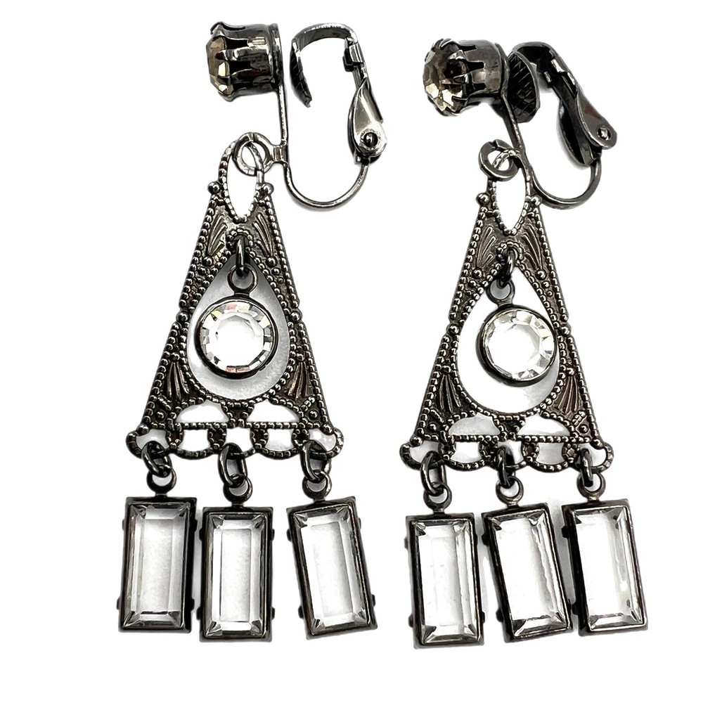 Vintage Art Deco Style Rhinestone Glass Dangle Silver Tone Clip On Earrings 2″